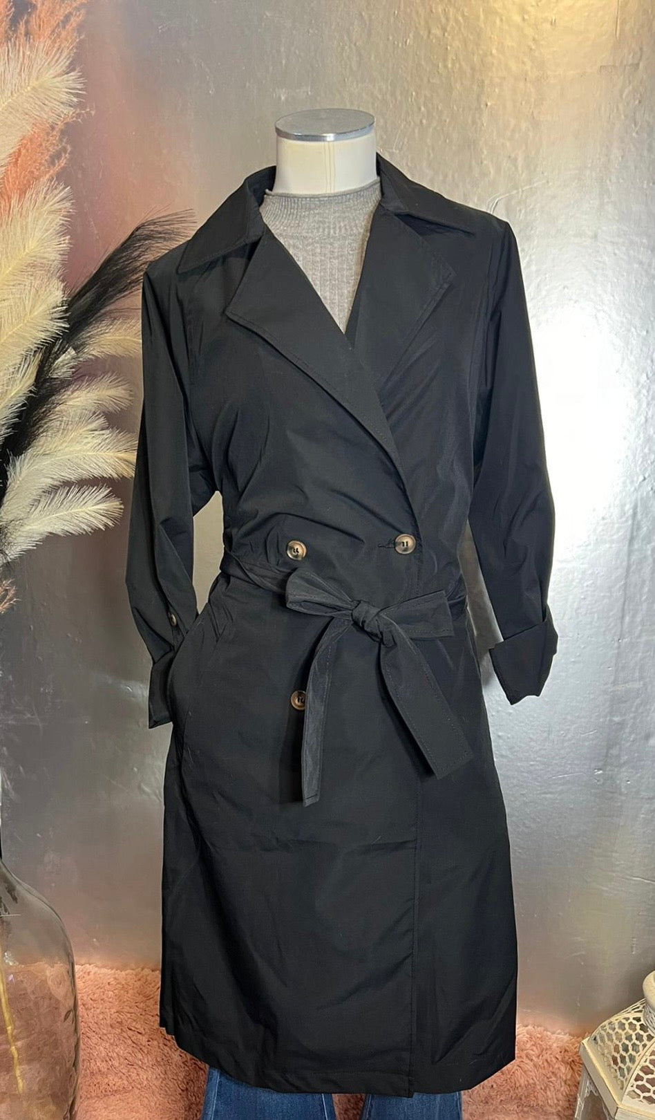 Black Longline Belted Trench Coat