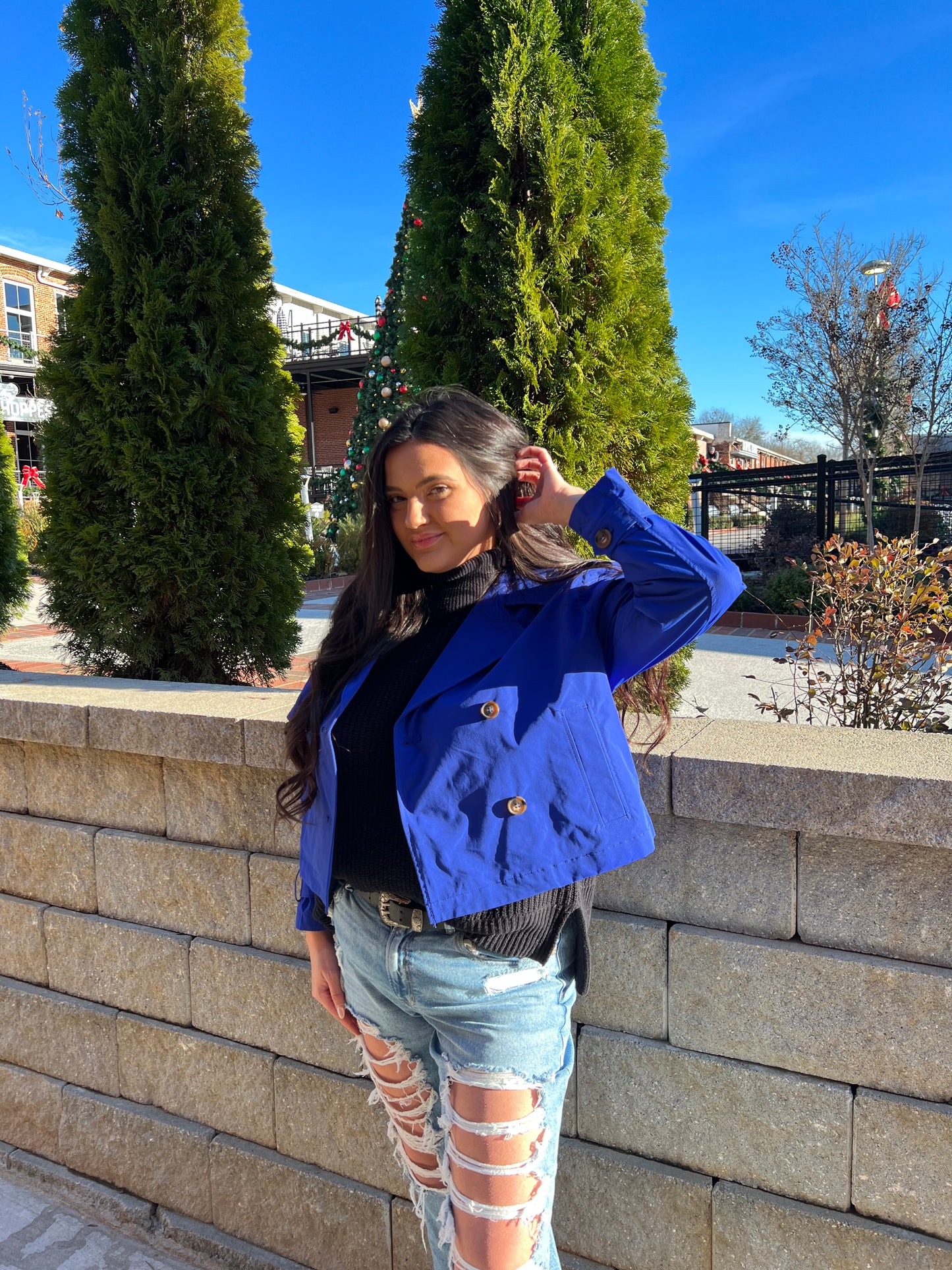 Royal Blue, Pink, and Green Cropped Trench Jacket