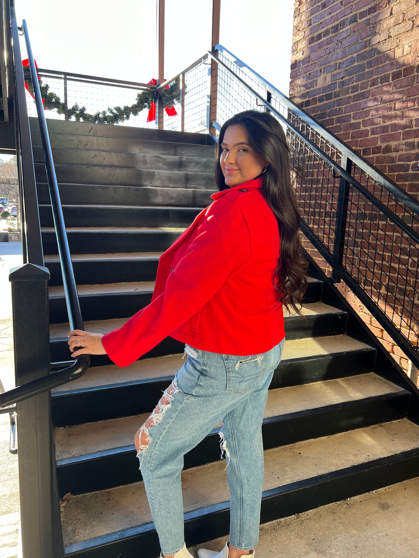 Red Trendy Wool Crop Blazer