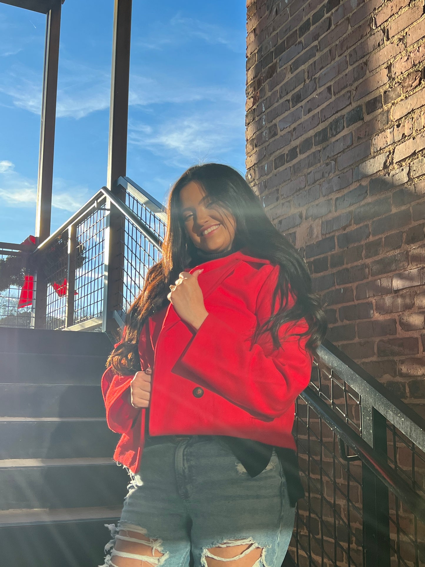 Red Trendy Wool Crop Blazer