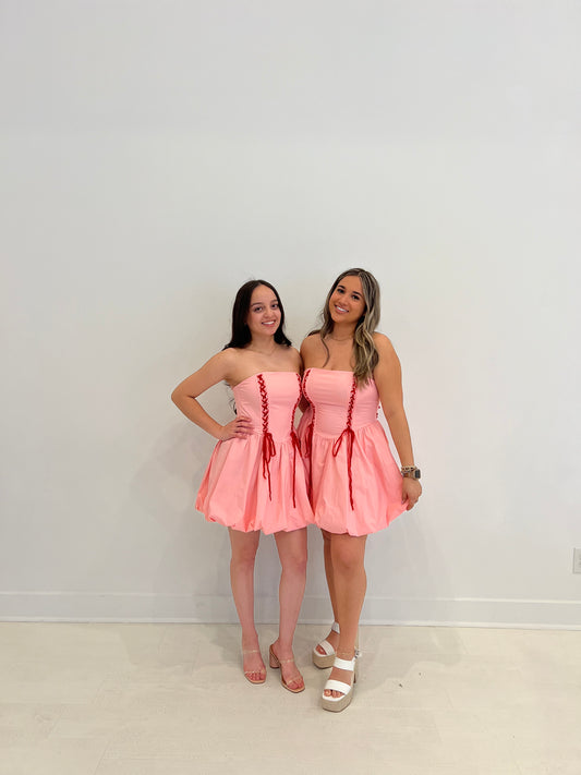 Pink Bubble Dress- Lace up Strapless