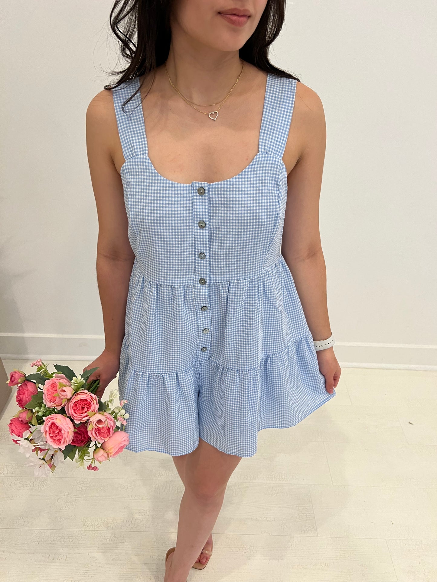 Checkered Sky Blue Romper