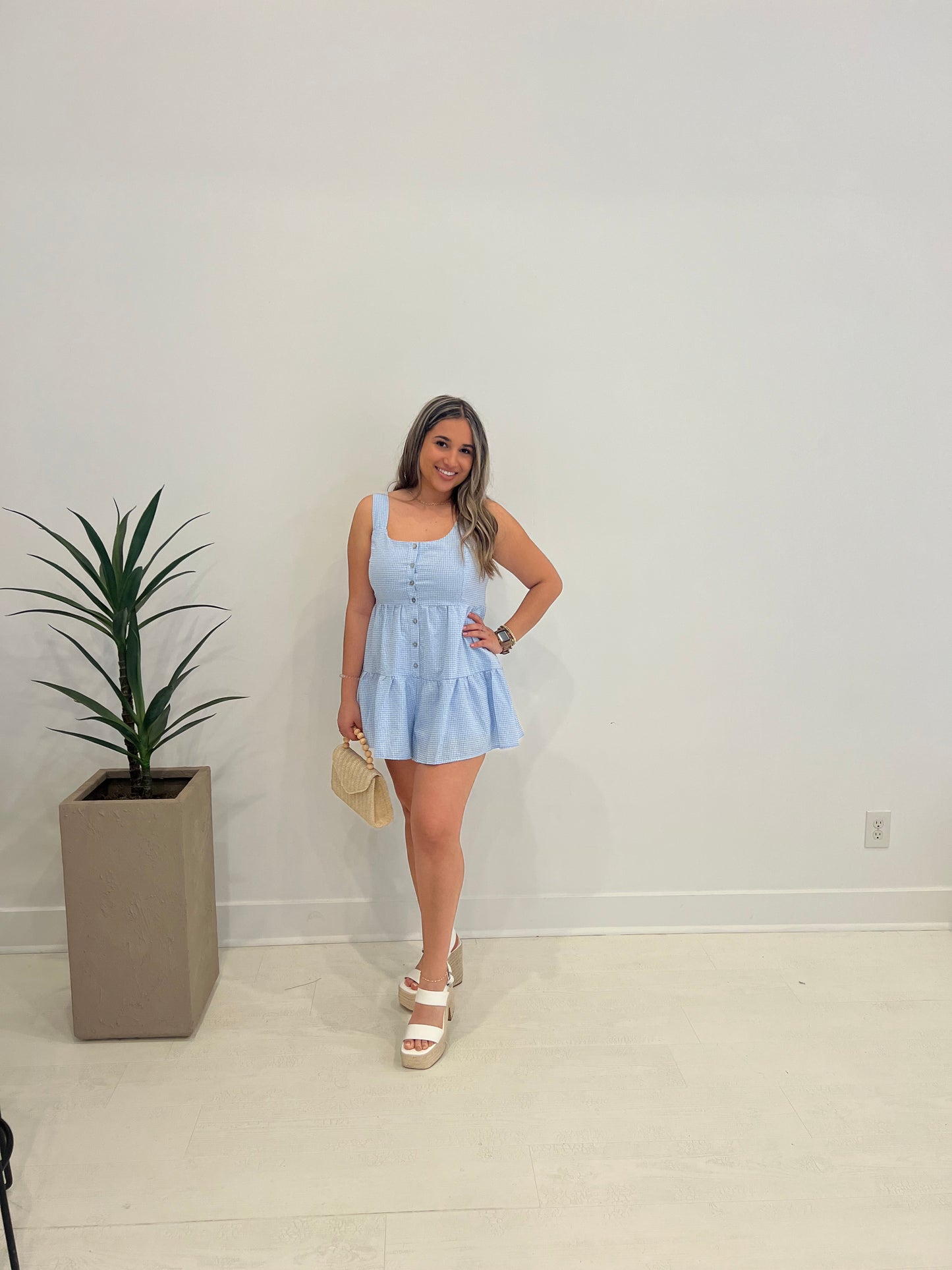 Checkered Sky Blue Romper