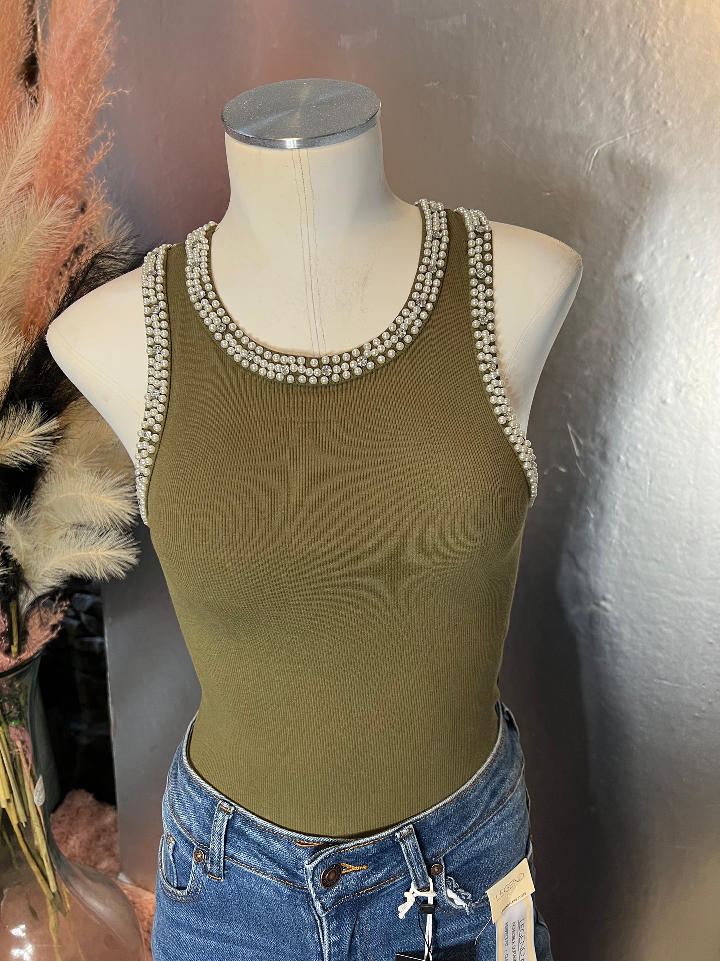 Olive Body With Pearl+Diamond Neck Trim