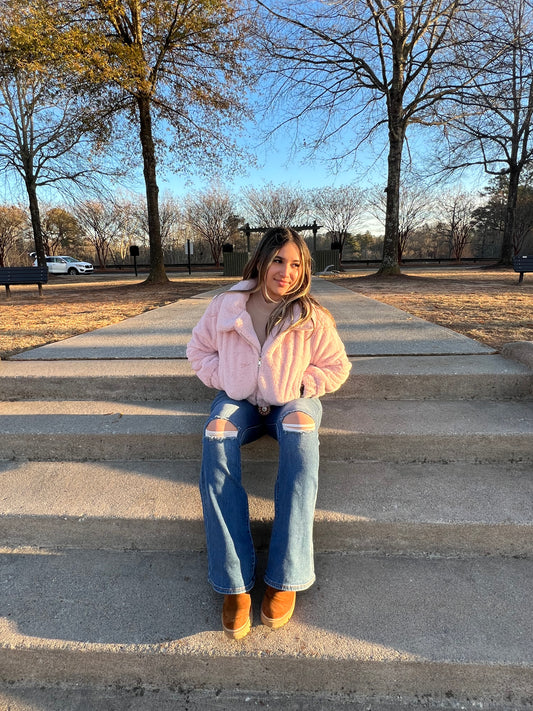 Pink Cropped Faux Fur Jacket