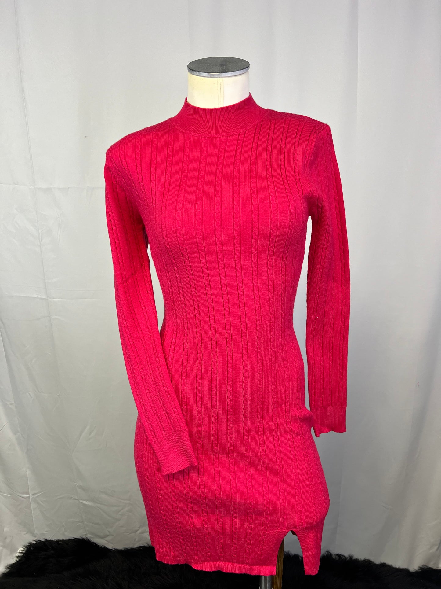 Magenta Ribbed Mini Sweater Dress w Side Slit