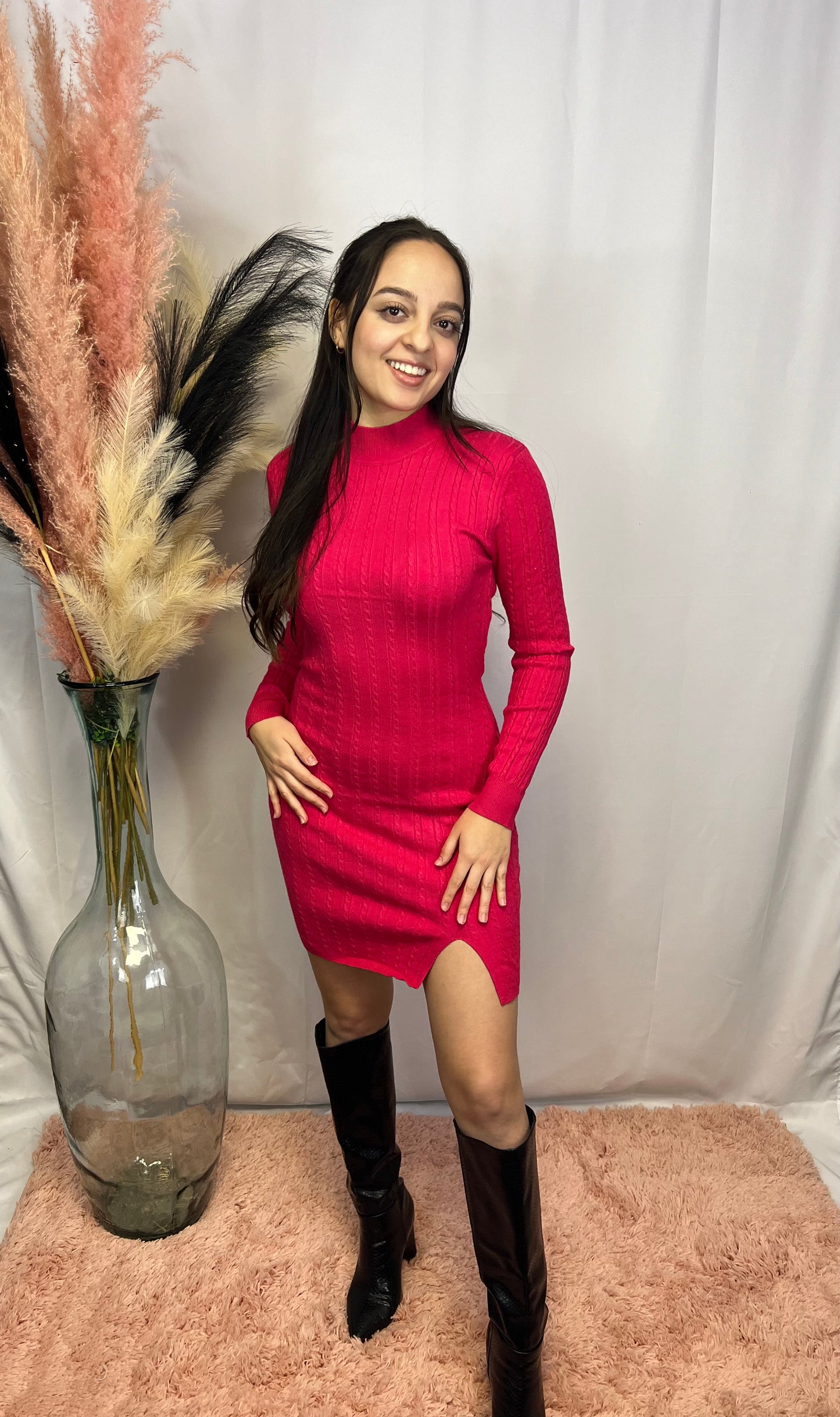 Magenta Ribbed Mini Sweater Dress w Side Slit