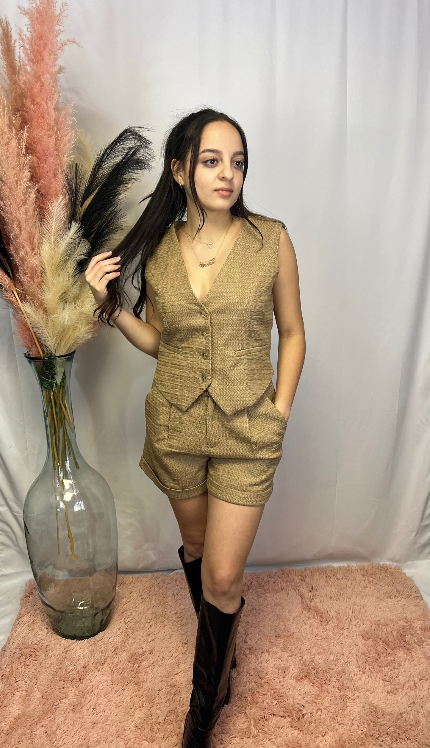 Chic Cotton Beige Vest Set