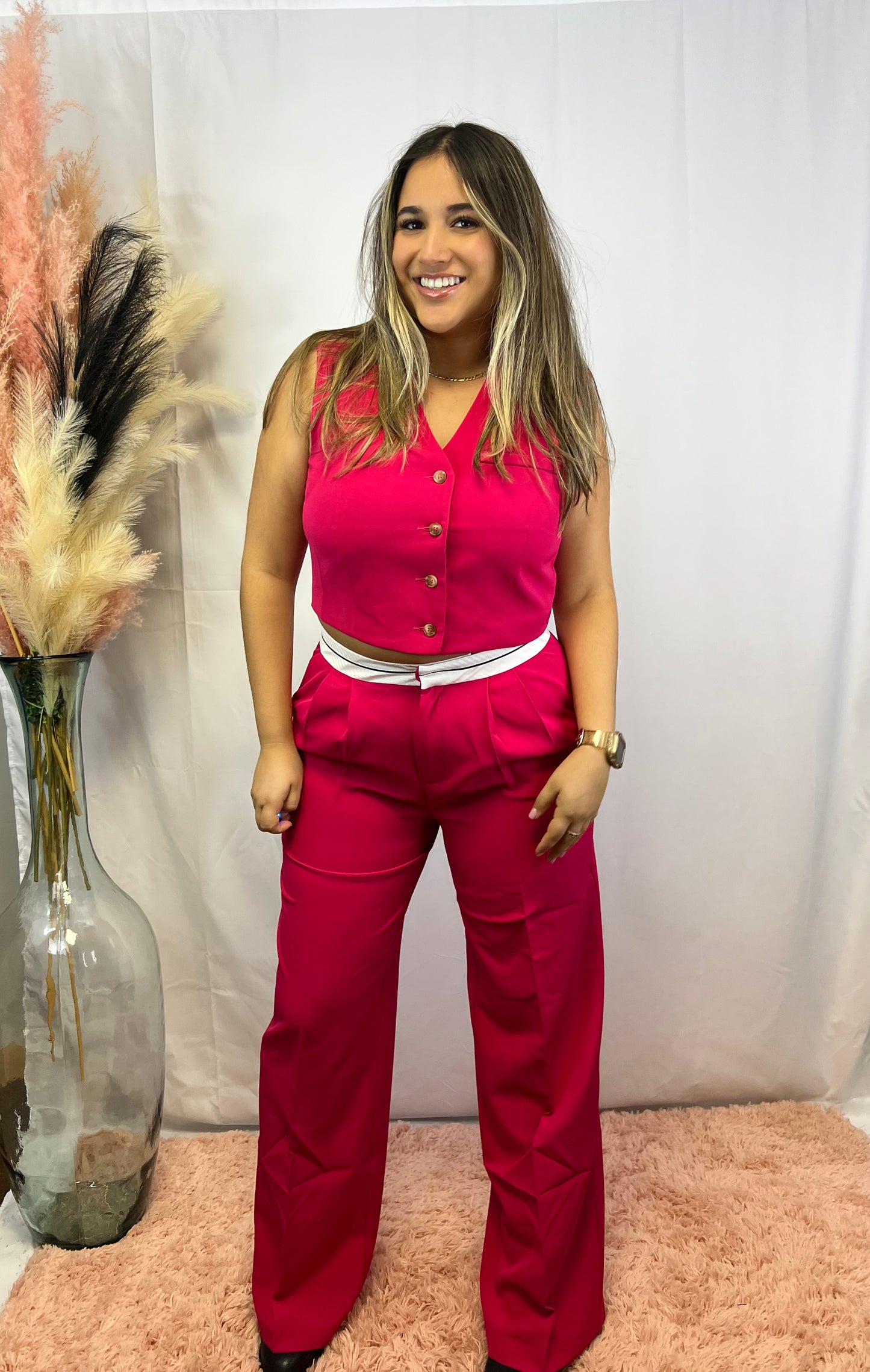 Magenta Two pice Set- Vest & Wide Leg Pants