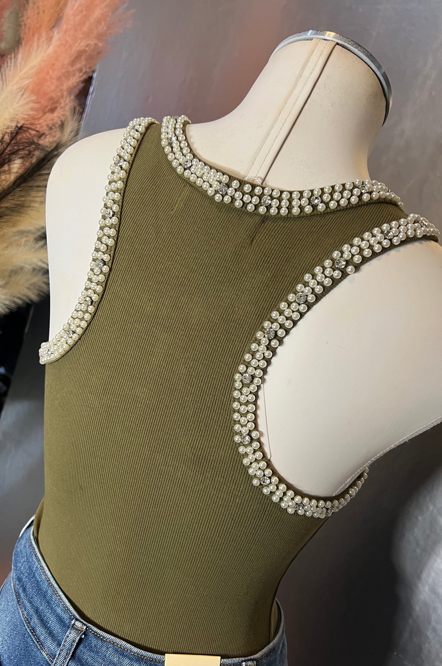 Olive Body With Pearl+Diamond Neck Trim