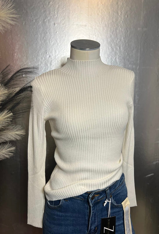 White Ribbed Mid Neck Long Sleeve